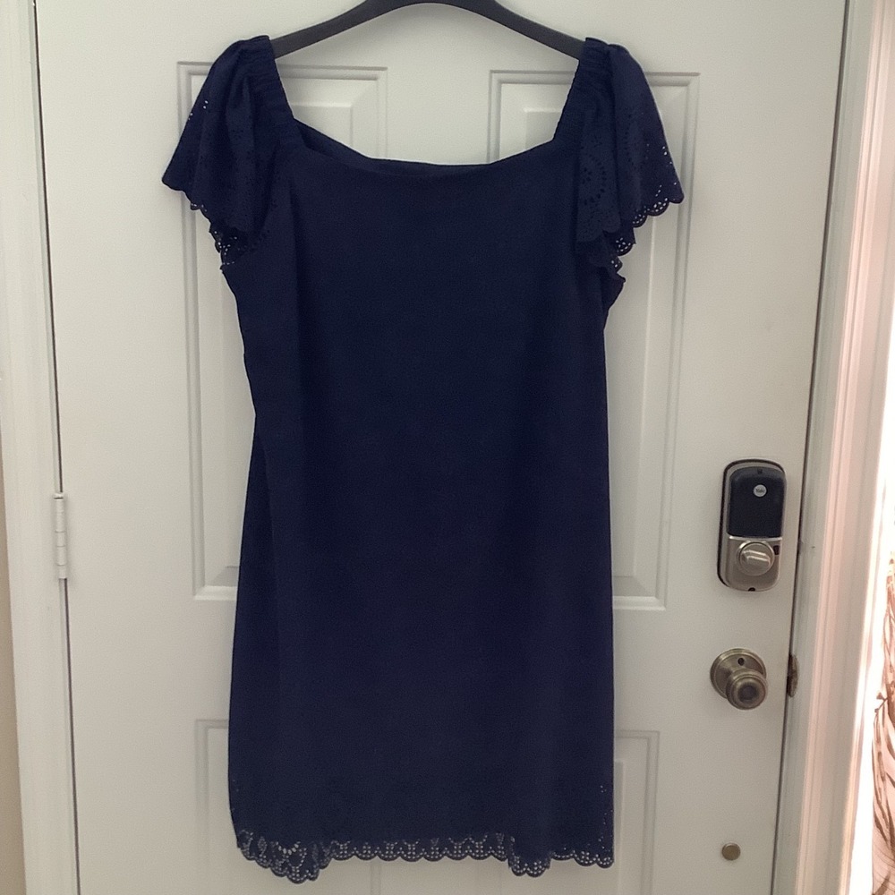 Elle Off the Shoulder Mini Dress Navy Blue Eyelet Lace Trim Sleeves Hem Size XXL
